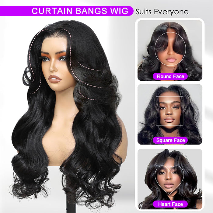 Curtain Bangs Face-Framing Upgraded Body Wave Glueless 13x4 13x6 HD Lace Human Hair Wigs for Women