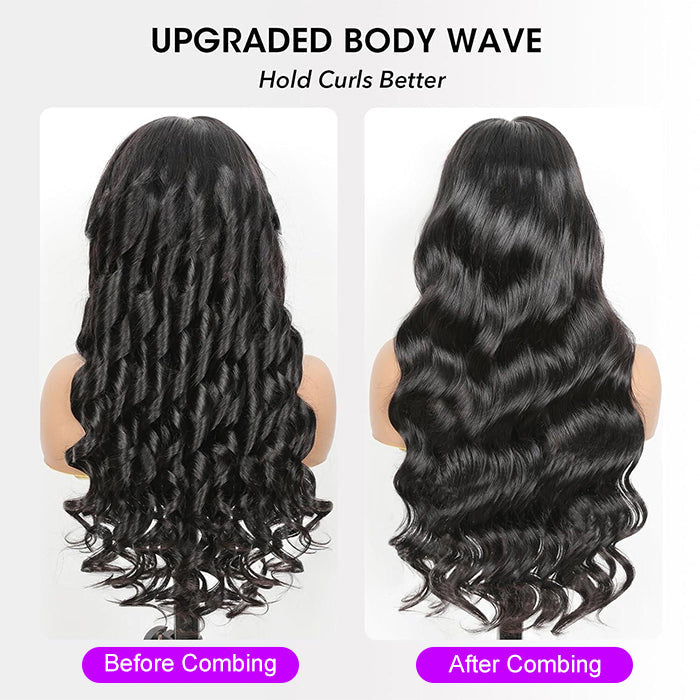 13x6 Full Lace Frontal Pre-Styled Loose Body Wave Wigs With Curtain Bangs Human Hair Pre Bleached Brailian Wigs For Women