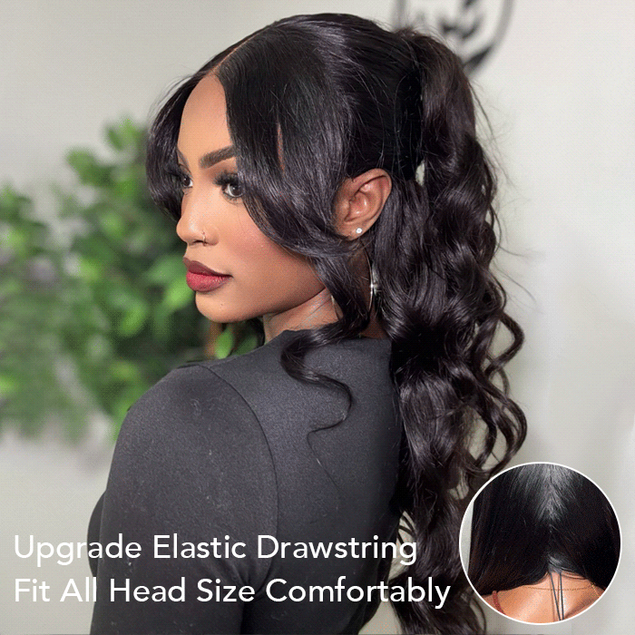 13x6 Full Lace Frontal Pre-Styled Loose Body Wave Wigs With Curtain Bangs Human Hair Pre Bleached Brailian Wigs For Women