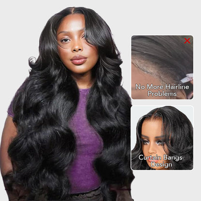 13x6 Full Lace Frontal Pre-Styled Loose Body Wave Wigs With Curtain Bangs Human Hair Pre Bleached Brailian Wigs For Women