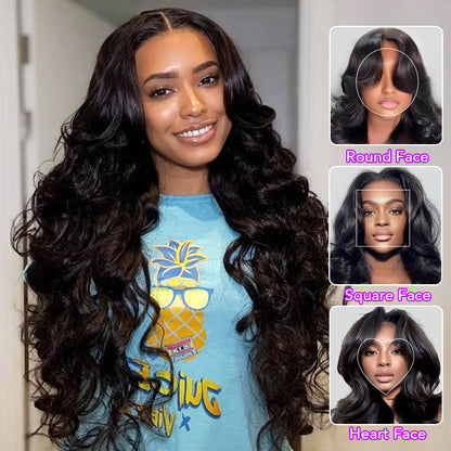 13x6 Full Lace Frontal Pre-Styled Loose Body Wave Wigs With Curtain Bangs Human Hair Pre Bleached Brailian Wigs For Women