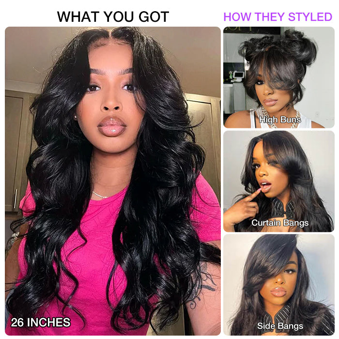 13x6 Full Lace Frontal Pre-Styled Loose Body Wave Wigs With Curtain Bangs Human Hair Pre Bleached Brailian Wigs For Women