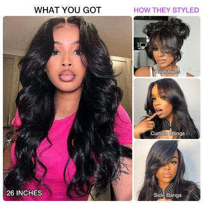 13x6 Full Lace Frontal Pre-Styled Loose Body Wave Wigs With Curtain Bangs Human Hair Pre Bleached Brailian Wigs For Women