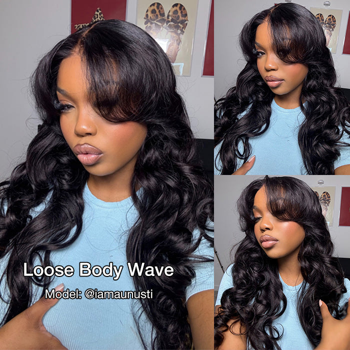13x6 Full Lace Frontal Pre-Styled Loose Body Wave Wigs With Curtain Bangs Human Hair Pre Bleached Brailian Wigs For Women