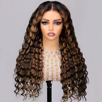 1B/30 Balayage Highlight Deep Wave Drawstring 13X6 Full HD Lace Frontal Human Hair Wigs