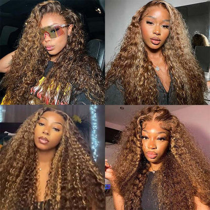 Highlighted Deep Wave Wig #4/27 Ombre Colored Wig Brown Wig With Blonde Highlighted Lace Front Human Hair Wigs
