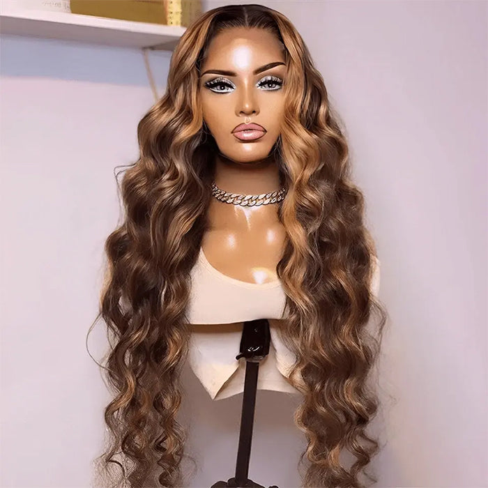 4/27 Honey Blonde Highlight Body Wave HD Lace Front Human Hair Wigs Free Part