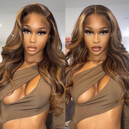 4/27 Honey Blonde Highlight Body Wave HD Lace Front Human Hair Wigs Free Part