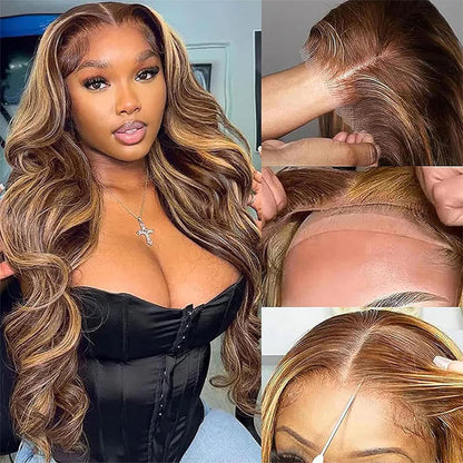4/27 Honey Blonde Highlight Body Wave HD Lace Front Human Hair Wigs Free Part