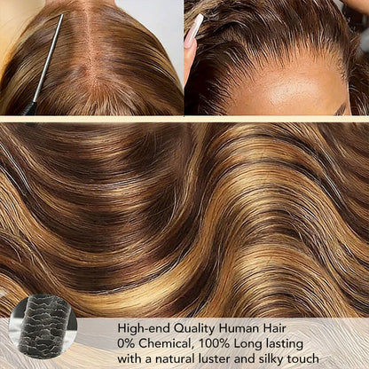 4/27 Honey Blonde Highlight Body Wave HD Lace Front Human Hair Wigs Free Part