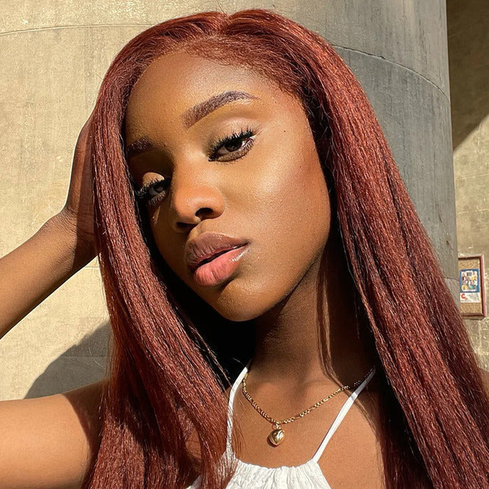 Glueless 4C Kinky Edges Wig #33 Reddish Brown Kinky Straight Human Hair Wigs For Black Women