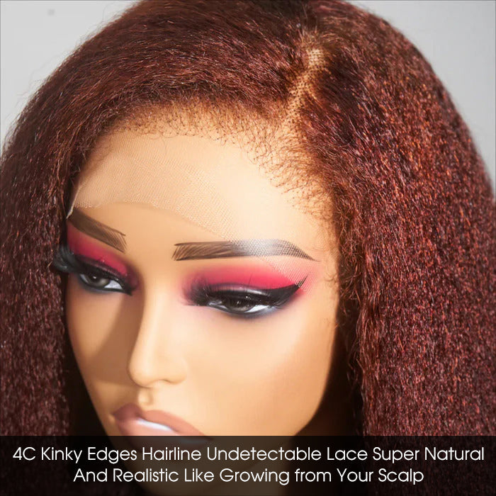 Glueless 4C Kinky Edges Wig #33 Reddish Brown Kinky Straight Human Hair Wigs For Black Women