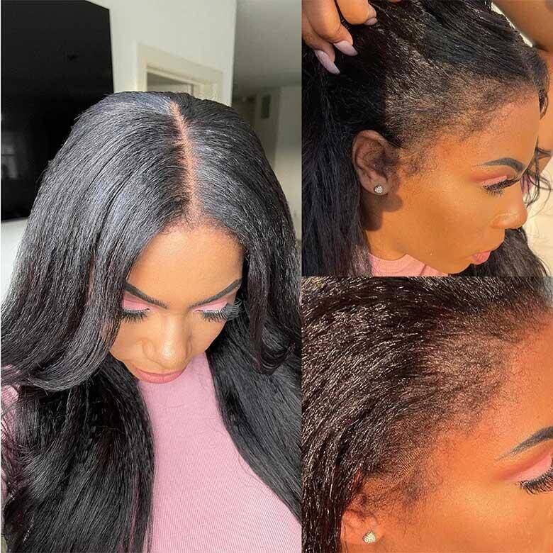 4C Kinky Edge Hairline Kinky Straight Invisi Strap Snug Fit 360 Transparent Lace Frontal Bleached Knots Pre Cut Lace Wig