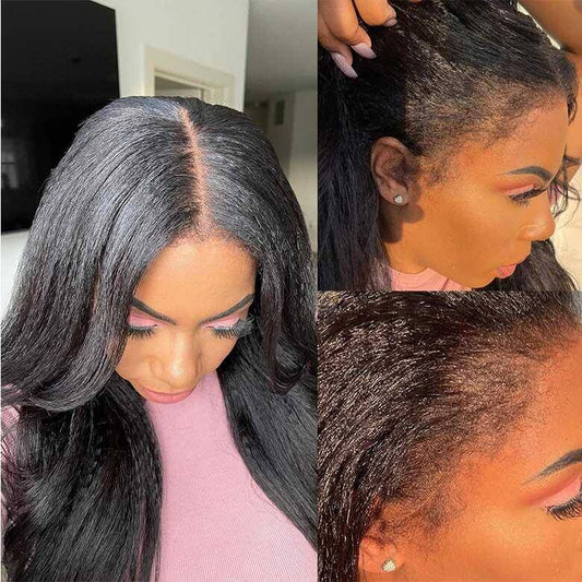 4C Kinky Edge Hairline Kinky Straight Invisi Strap Snug Fit 360 Transparent Lace Frontal Bleached Knots Pre Cut Lace Wig