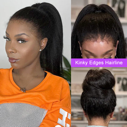 4C Kinky Edge Hairline Kinky Straight Invisi Strap Snug Fit 360 Transparent Lace Frontal Bleached Knots Pre Cut Lace Wig