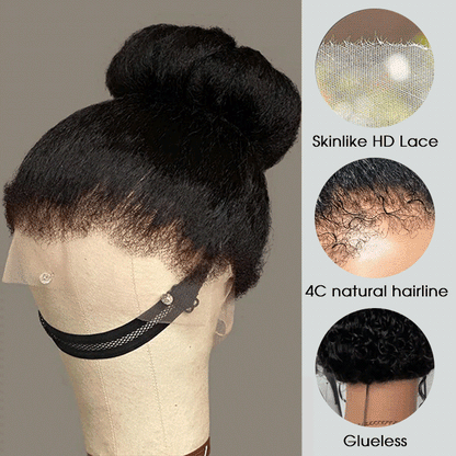 4C Kinky Edge Hairline Kinky Straight Invisi Strap Snug Fit 360 Transparent Lace Frontal Bleached Knots Pre Cut Lace Wig