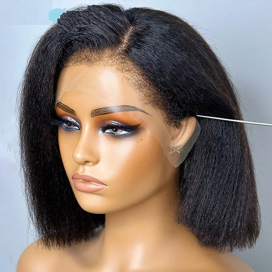 4C Kinky Edges Lace Front Bob Wig Short Kinky Straight Human Hair Wig Pre Bleached Knots