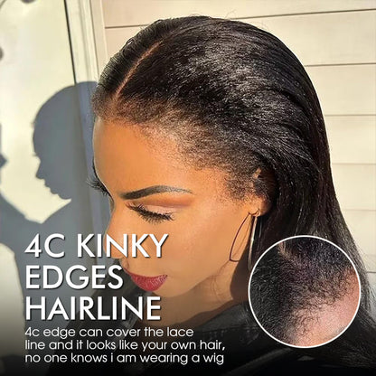 4C Kinky Edge Hairline Kinky Straight Invisi Strap Snug Fit 360 Transparent Lace Frontal Bleached Knots Pre Cut Lace Wig