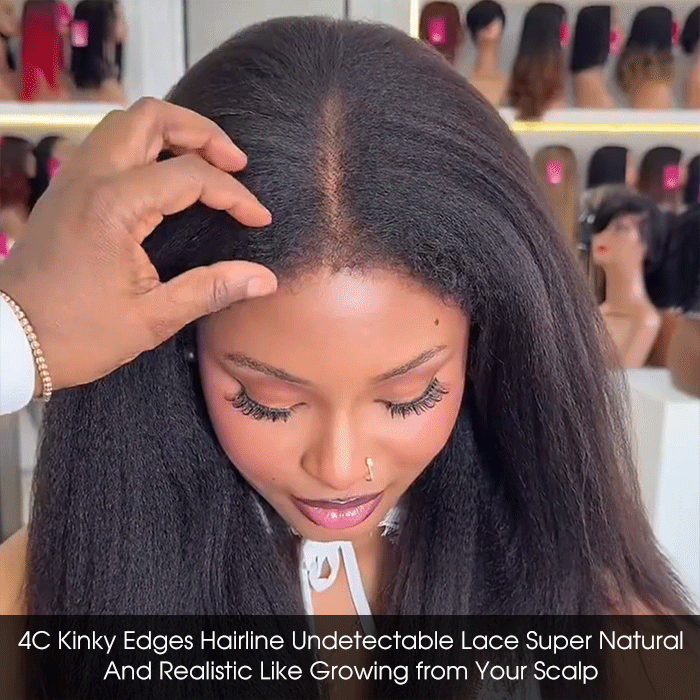 4C Kinky Edge Hairline Kinky Straight Invisi Strap Snug Fit 360 Transparent Lace Frontal Bleached Knots Pre Cut Lace Wig