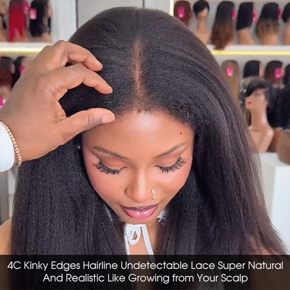 4C Kinky Edge Hairline Kinky Straight Invisi Strap Snug Fit 360 Transparent Lace Frontal Bleached Knots Pre Cut Lace Wig