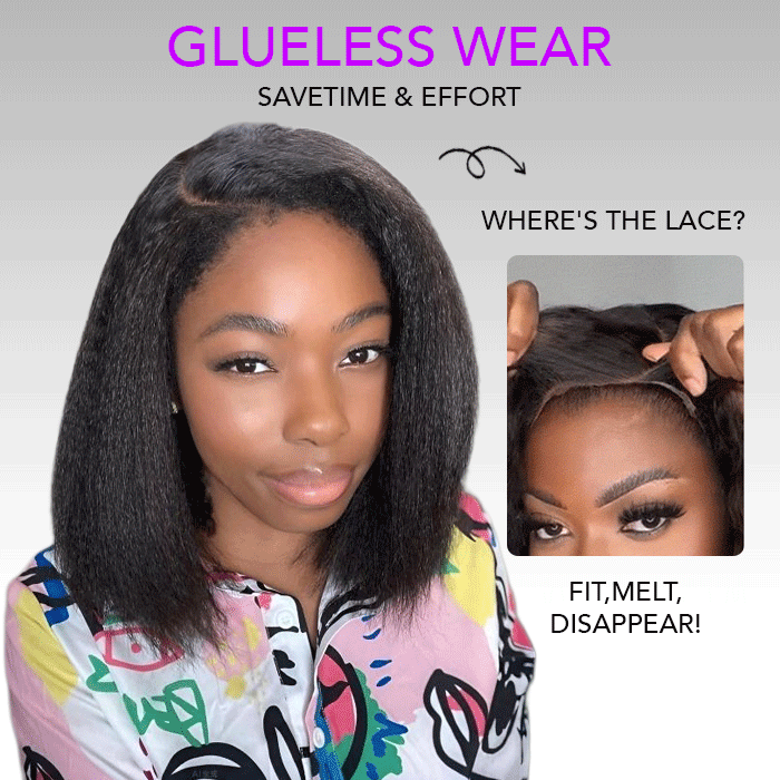 4C Kinky Edges Lace Front Bob Wig Short Kinky Straight Human Hair Wig Pre Bleached Knots