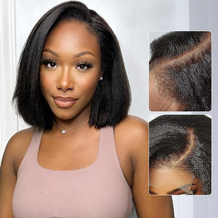 4C Kinky Edges Lace Front Bob Wig Short Kinky Straight Human Hair Wig Pre Bleached Knots
