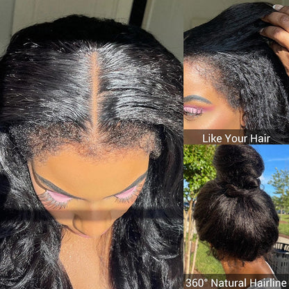 4C Kinky Edge Hairline Kinky Straight Invisi Strap Snug Fit 360 Transparent Lace Frontal Bleached Knots Pre Cut Lace Wig