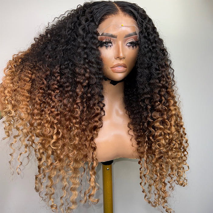 Luxury Curly Wig Ombre Brown 100% Human Hair Swiss 13x6 HD Lace Frontal Glueless Wig For Women