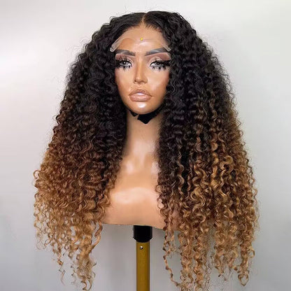 Luxury Curly Wig Ombre Brown 100% Human Hair Swiss 13x6 HD Lace Frontal Glueless Wig For Women