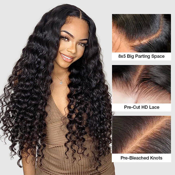 Deep Wave Glueless Wig With Elastic Drawstring 8x5 Closure HD Lace Human Hair Pre Everything Wigs No Skills Needed
