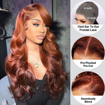 Reddish Brown Body Wave Glueless 13x4 Frontal Pre Cut HD Lace Wig Human Hair S M L Cap