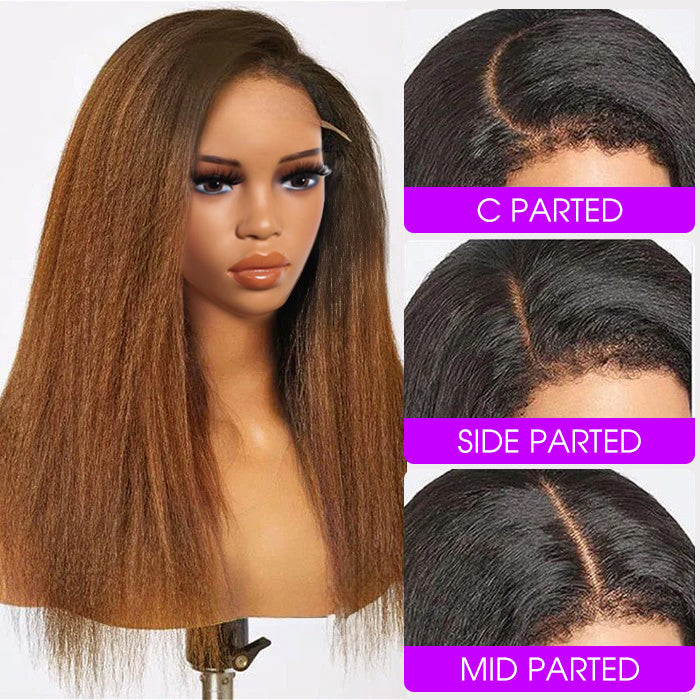 4C Kinky Edges Ombre Brown Color Kinky Straight Wigs Human Hair Pre Plucked HD Transparent 13x4 13x6 Lace Front Wigs with Drawstring Glueless Wig