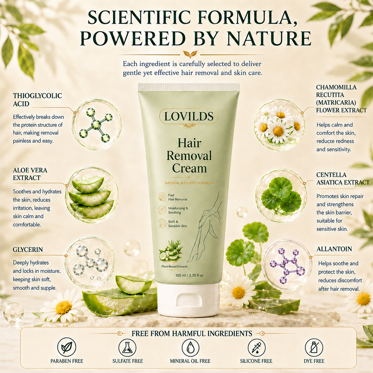LOVILDS™ Natural Gentle Hair Removal Cream | For Women & Men, Sensitive Skin