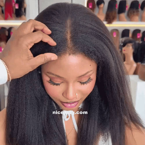 Black natural kinky hair realistic hairline Straight Long Glueless Wig