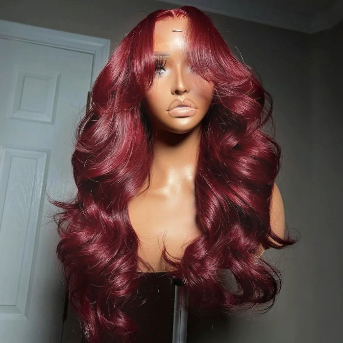 99J Burgundy Curtain Bangs Wigs Body Wave 13x4/13x6 HD Lace Glueless Wigs