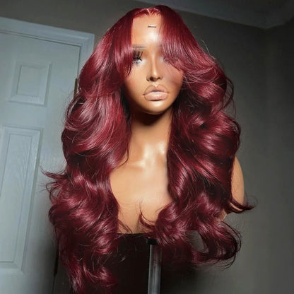 99J Burgundy Curtain Bangs Wigs Body Wave 13x4/13x6 HD Lace Glueless Wigs