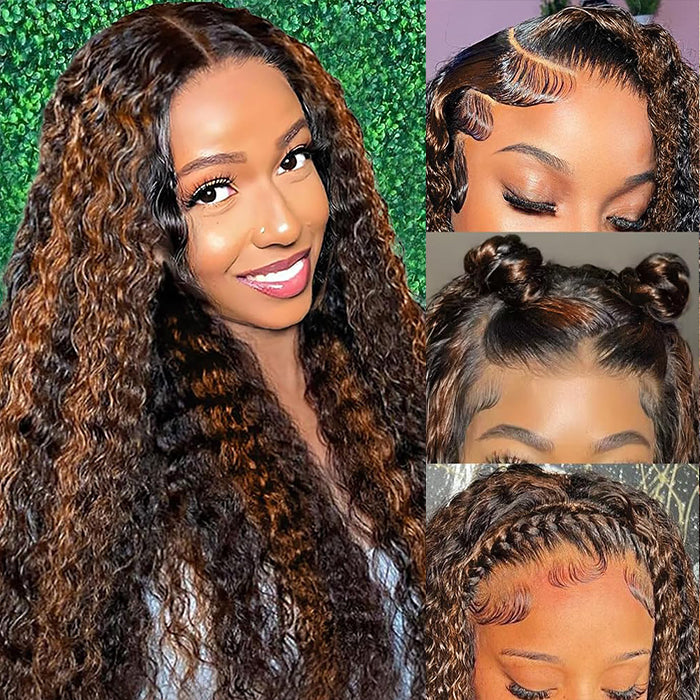 1B/30 Balayage Highlight Deep Wave Drawstring 13X6 Full HD Lace Frontal Human Hair Wigs