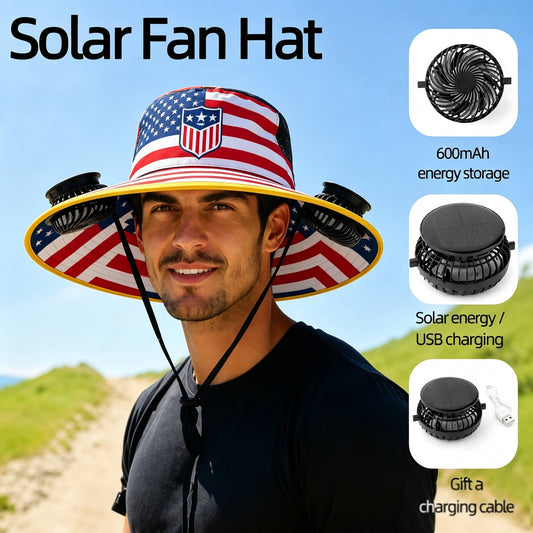 🔥2026 Flag Printed Solar Fan Hat - Premium Long Battery Comfort