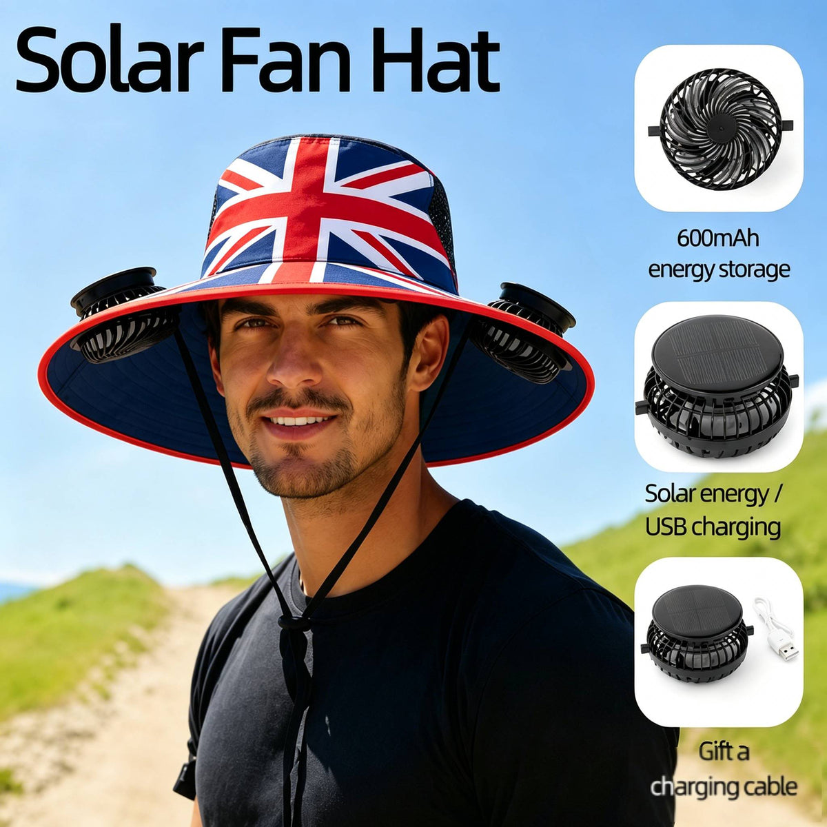 🔥2026 Flag Printed Solar Fan Hat - Premium Long Battery Comfort