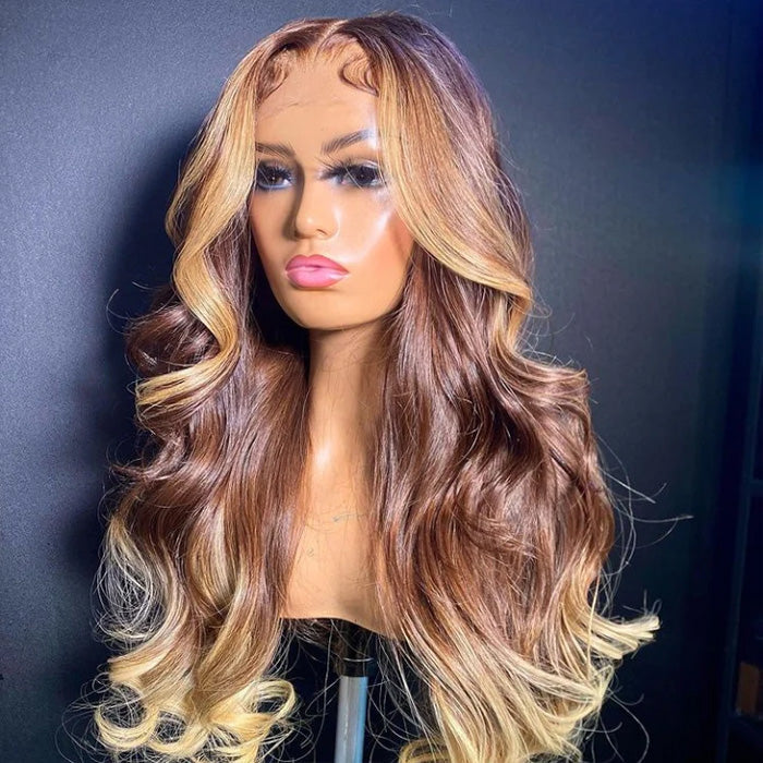 T4/27 Ombre Wigs with Blonde Skunk Stripe Body Wave 13*4/4*4 Lace Front Wig Ombre Blonde Highlight Human Hair Wigs