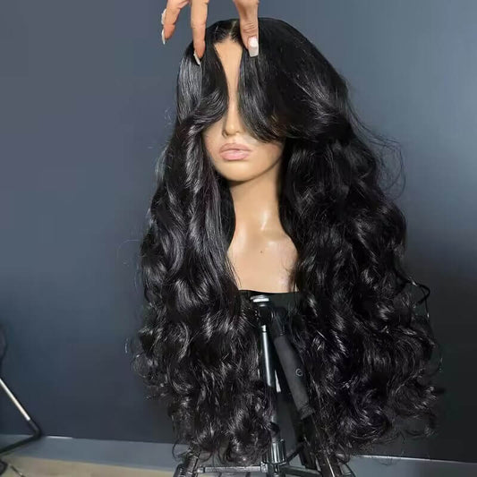 13x6 Full Lace Frontal Pre-Styled Loose Body Wave Wigs With Curtain Bangs Human Hair Pre Bleached Brailian Wigs For Women