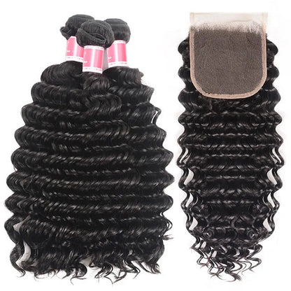 Malaysian Deep Wave 3 Bundles with 4*4 Closure Soft Unprocessed Virgin Human Hair