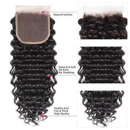Malaysian Deep Wave 3 Bundles with 4*4 Closure Soft Unprocessed Virgin Human Hair
