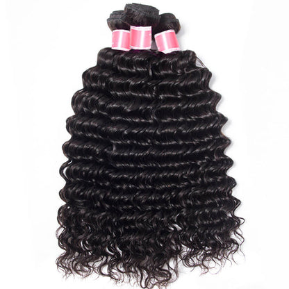 Brazilian Deep Wave Virgin Hair Weave 3 Bundles With 13*4 Lace Frontal