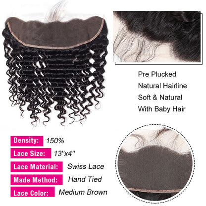 Brazilian Deep Wave Virgin Hair Weave 3 Bundles With 13*4 Lace Frontal