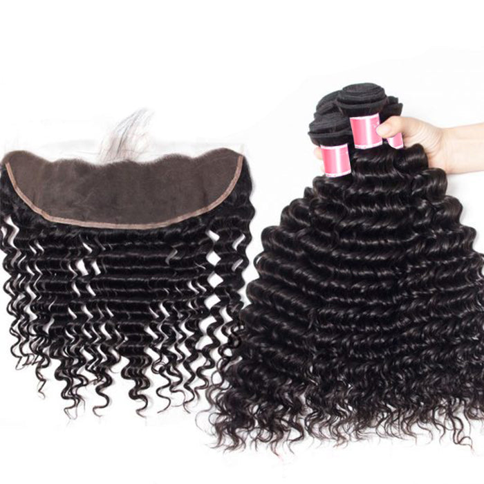 Brazilian Deep Wave 4 Bundles with 13*4 Lace Frontal Virgin Human Hair