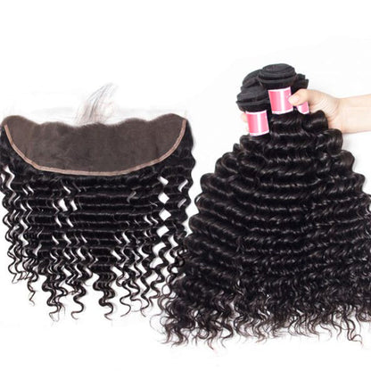 Brazilian Deep Wave 4 Bundles with 13*4 Lace Frontal Virgin Human Hair