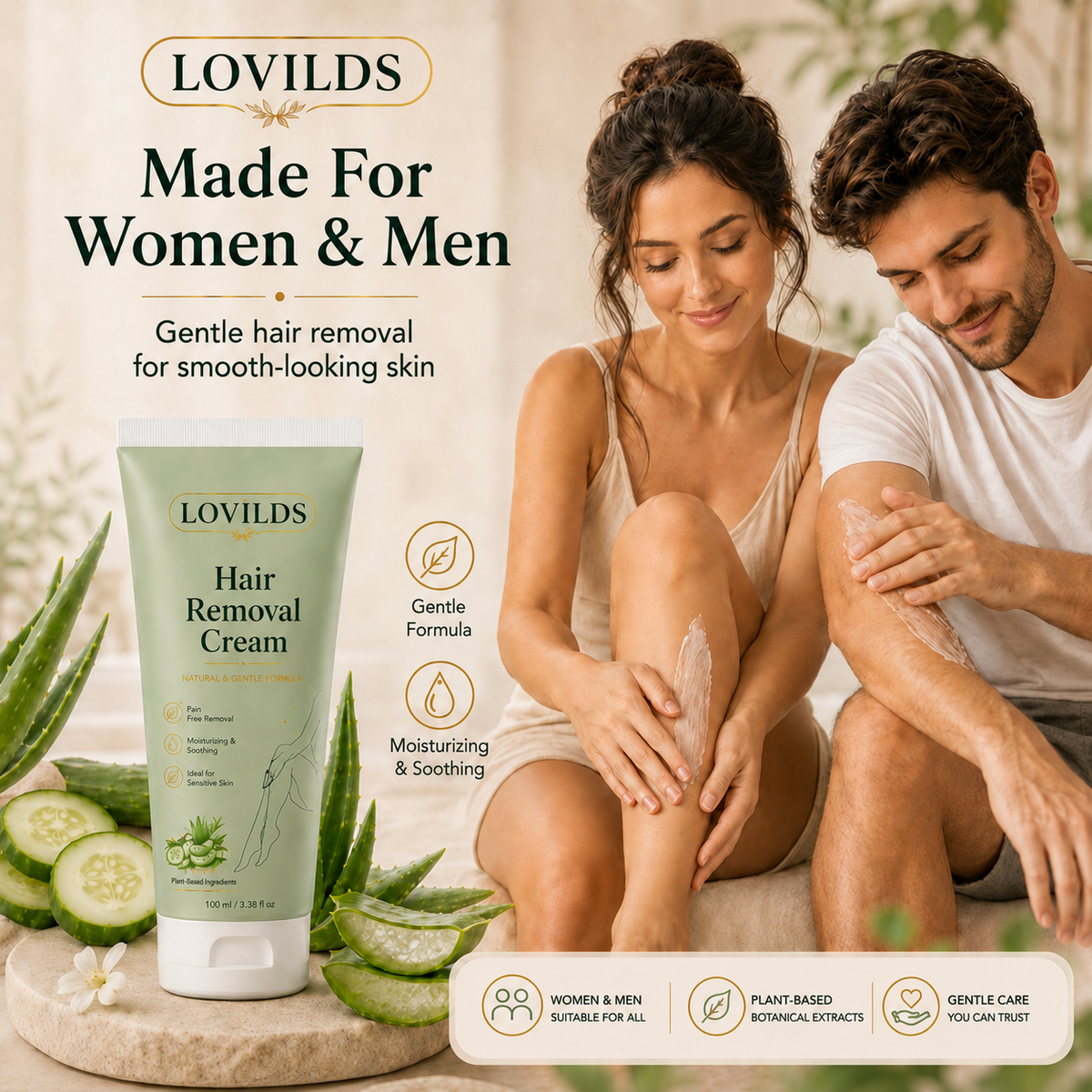 LOVILDS™ Natural Gentle Hair Removal Cream | For Women & Men, Sensitive Skin