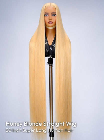 Honey Blonde 50 Inch Straight Long Wig 250% High Density 13x6 Undetectable HD Lace Human Hair Wig