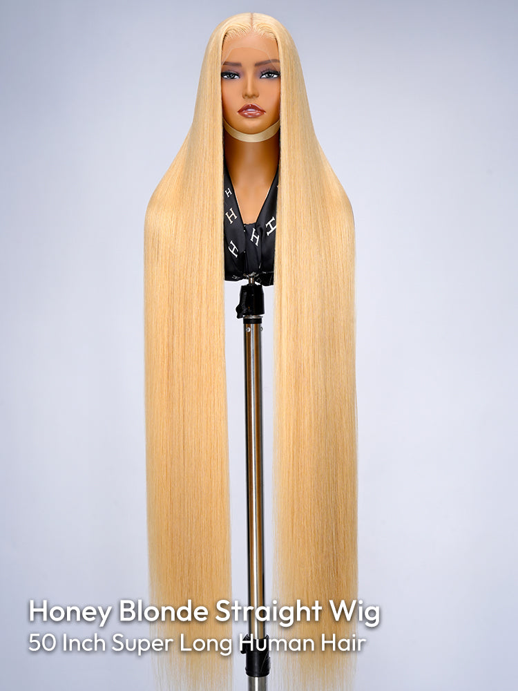 Honey Blonde 50 Inch Straight Long Wig 250% High Density 13x6 Undetectable HD Lace Human Hair Wig